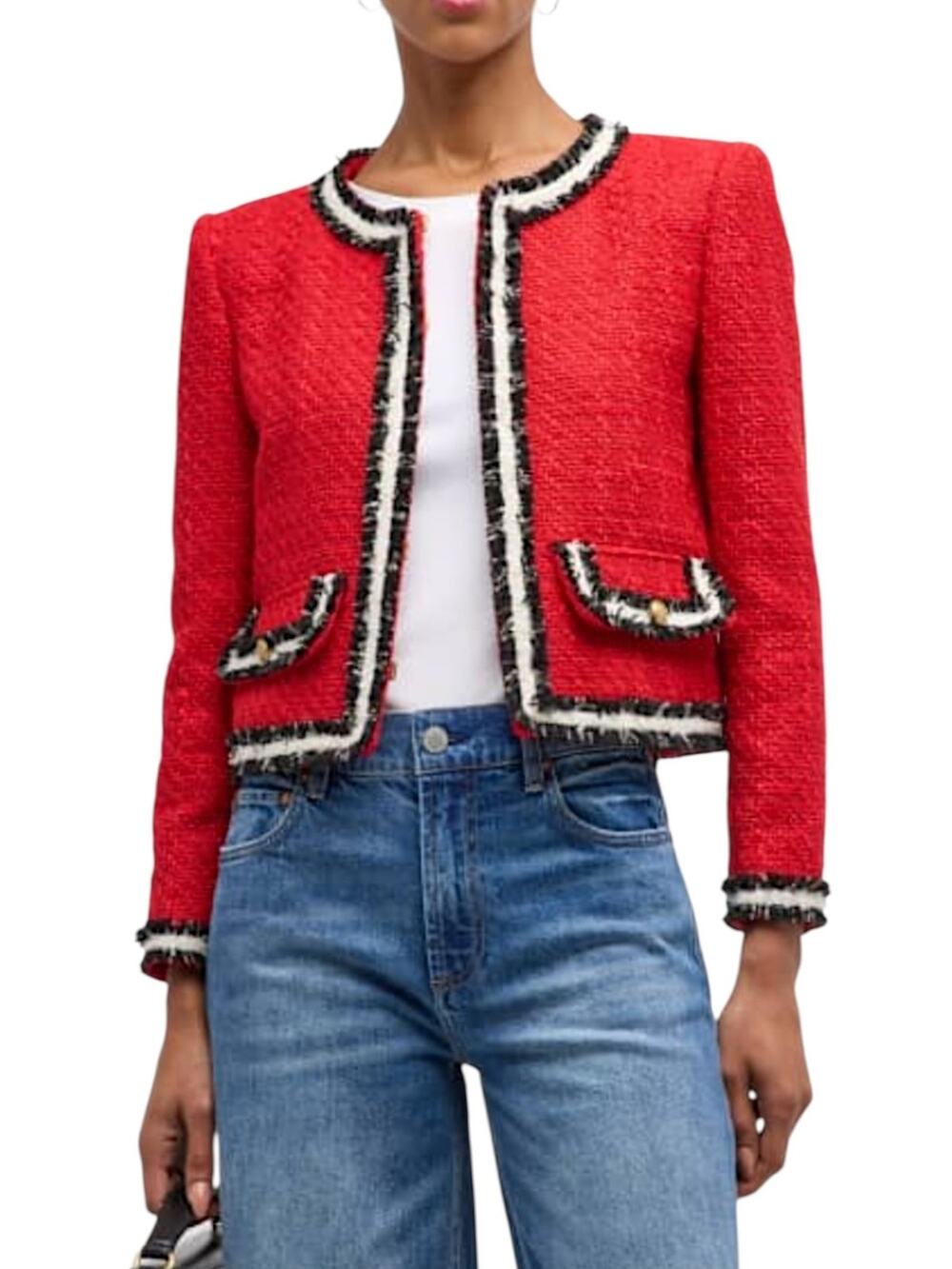 Alice + Olivia Landon Tweed Perfect Ruby Red Cropped Jacket Blazer Size XS